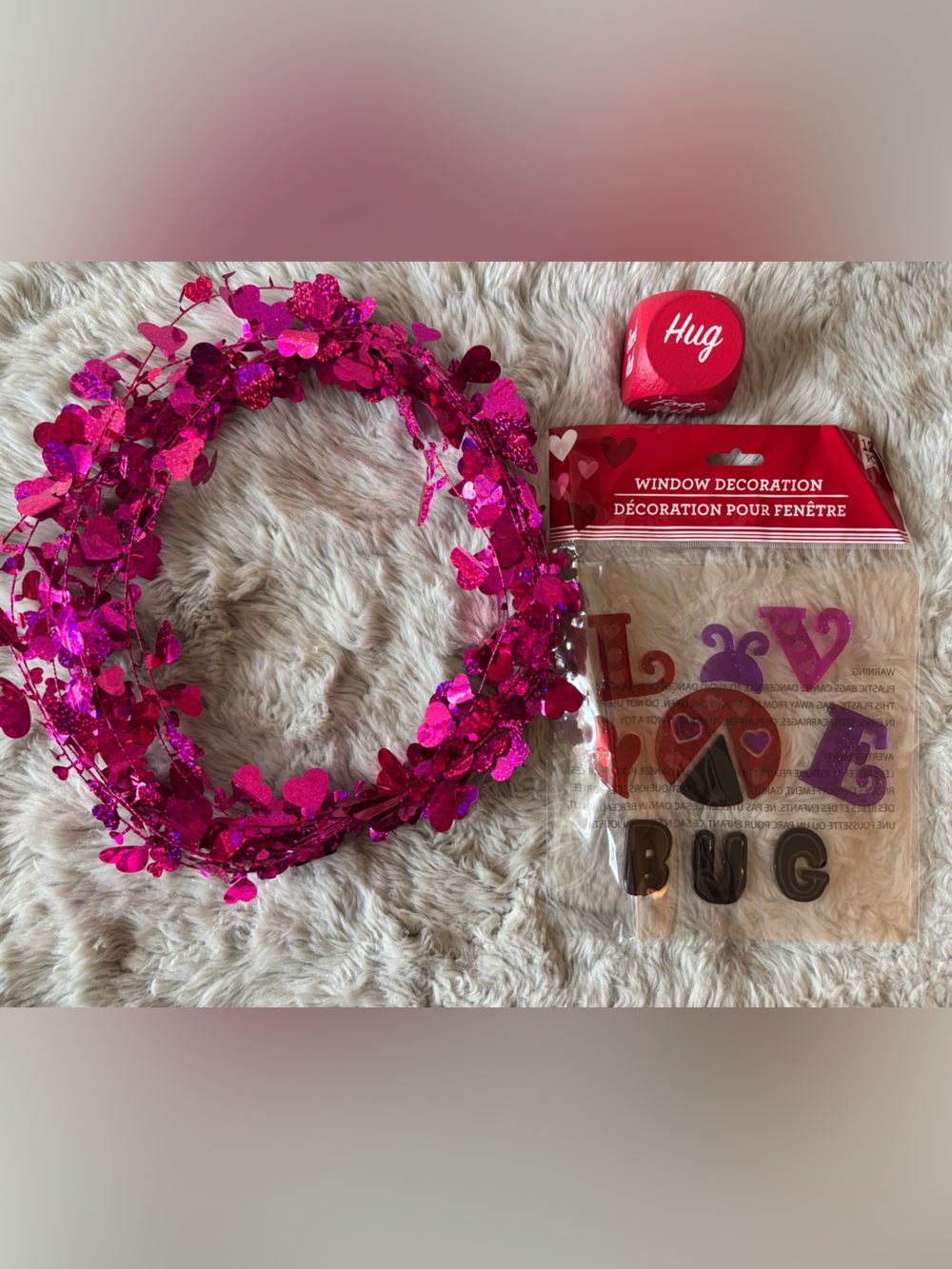 Valentine Decor Set -Sparkling Heart Tinsel Garland, Window Cling, Activity Cube
